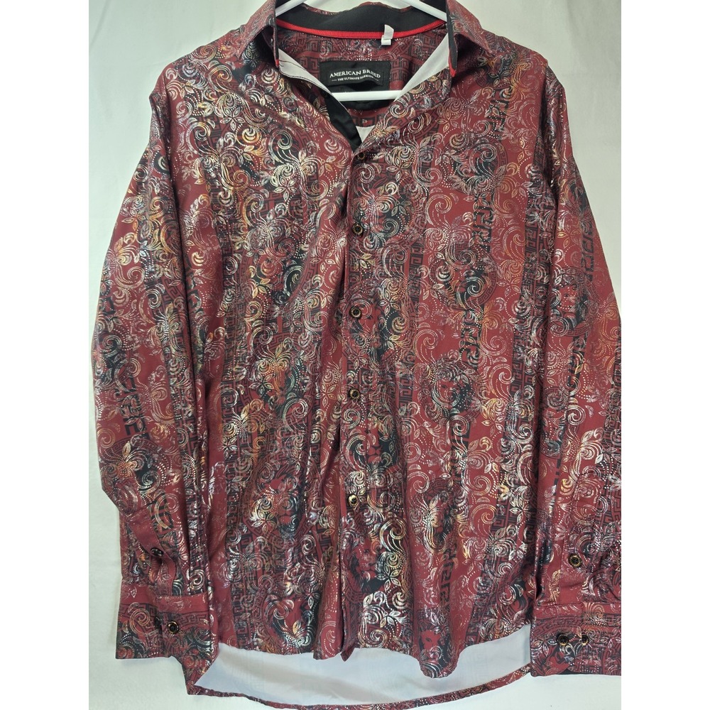 American Breed Smart Shirt Men Medium Red Gold Metallic Paisley Lion Button Down